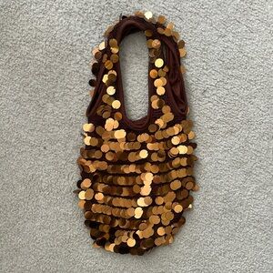 Crocheted, Sequins Covered Shoulder Bag Sack, Brown